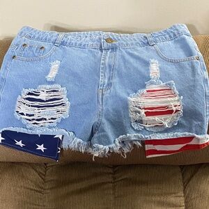 Denim Distressed American Flag Patch High-Rise Women's Shorts